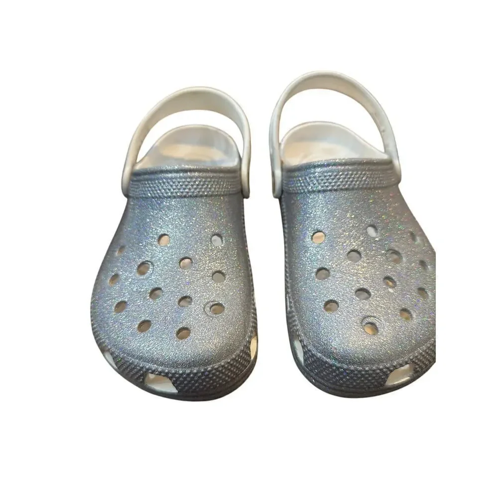 Crocs Unisex Classic Glitter II Metallic Silver Clog Sandal Shoes Size J3